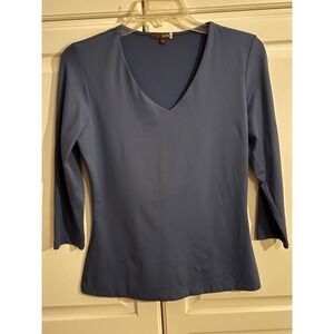 judyp Women's Blue V-Neck 3/4 Sleeve Small Made in USA Microfiber Lycra Blend